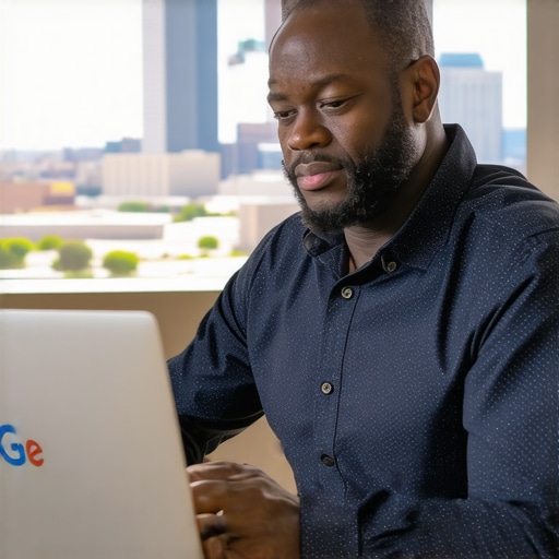 Business owner working on Google My Business profile with Dallas-Fort Worth skyline in background.