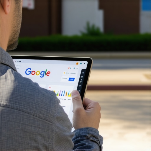 Business owner reviewing Google My Business analytics on tablet in Irving