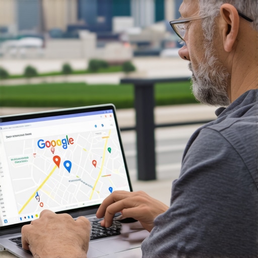 Business owner optimizing Google Maps listing in Irving with city skyline background.