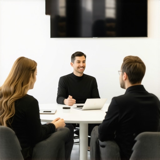 Business owner and SEO specialist discussing strategies in an Irving office