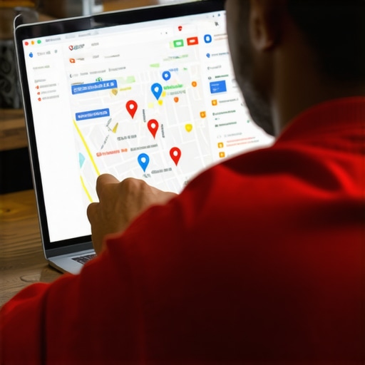 Business owner reviewing local SEO metrics on laptop with Google Maps