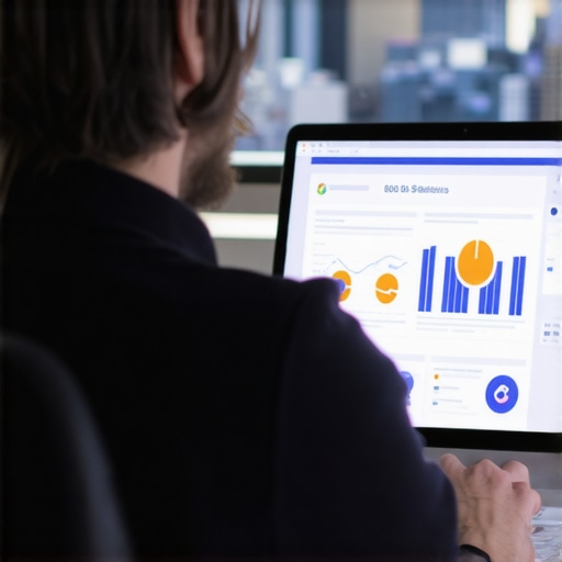 Person reviewing local SEO analytics on a laptop with Irving cityscape in the background.