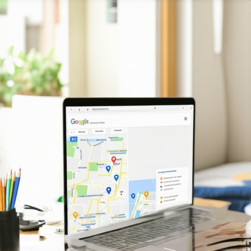 Business owner working on Google My Business profile on laptop with Irving map