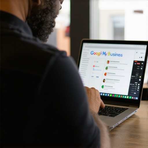 Optimizing GMB Profile in Irving Business owner updating Google My Business profile on a laptop in Irving, Texas.