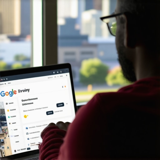 Business owner updating Irving local business profile on laptop with Irving landmarks background.