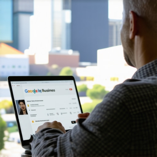 Person updating GMB profile on a laptop with Irving skyline