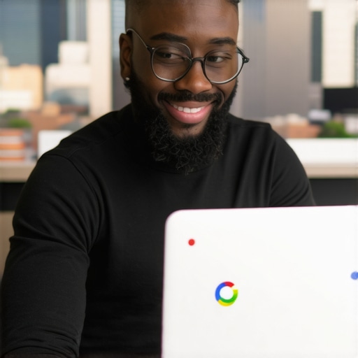 Business owner optimizing Google My Business profile showing Irving storefront in background