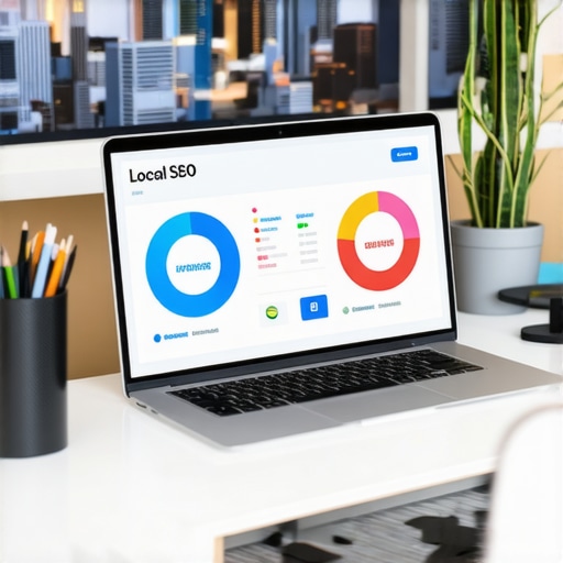 Business owner analyzing local SEO data on laptop with Irving city view in background.