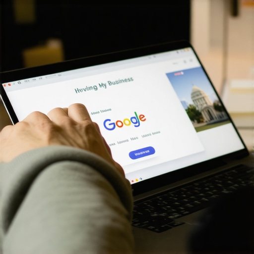 Person updating Google My Business profile on a laptop with Irving landmarks.