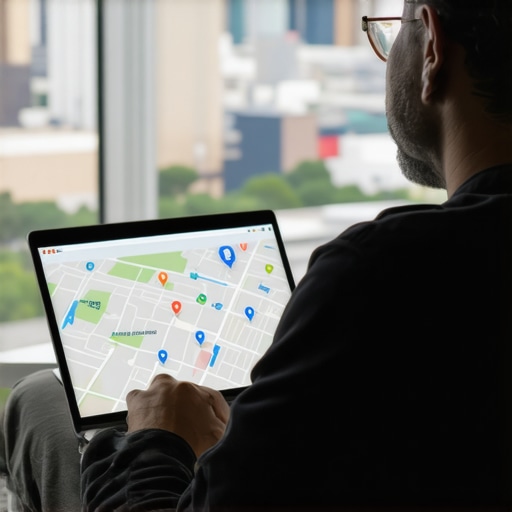 Business owner working on local SEO for Irving business using a laptop with city in background