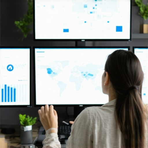 Person reviewing local SEO analytics and maps on computer screens in an office