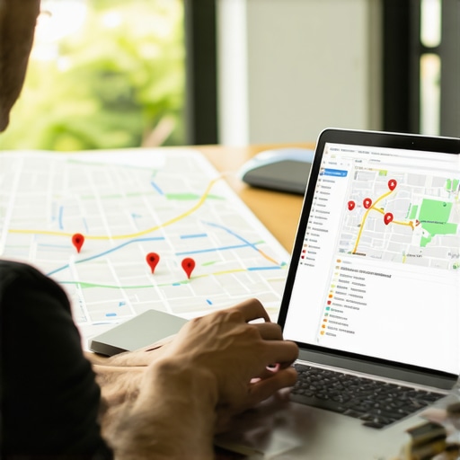 A person reviewing local SEO analytics on a laptop with Irving map in background