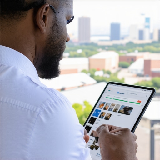 Irving small business owner working on Google My Business profile with cityscape behind
