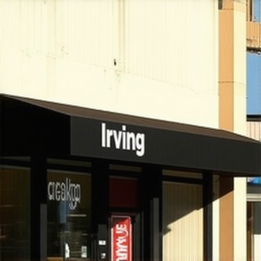 Irving storefronts with digital map overlays highlighting local businesses.