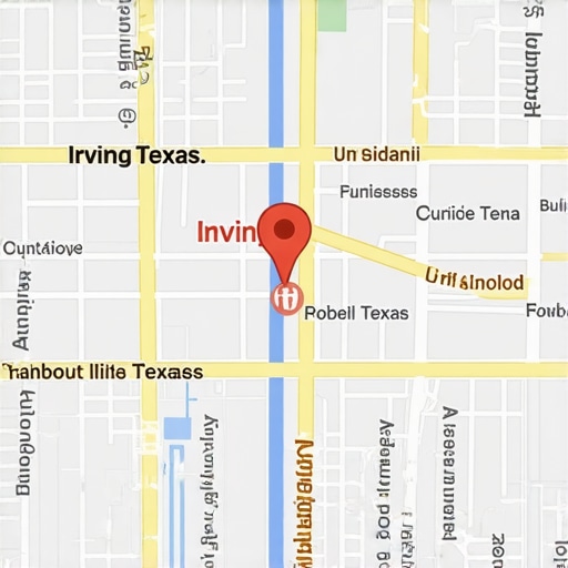Screenshot of Google Maps highlighting Irving, Texas with local businesses and landmarks