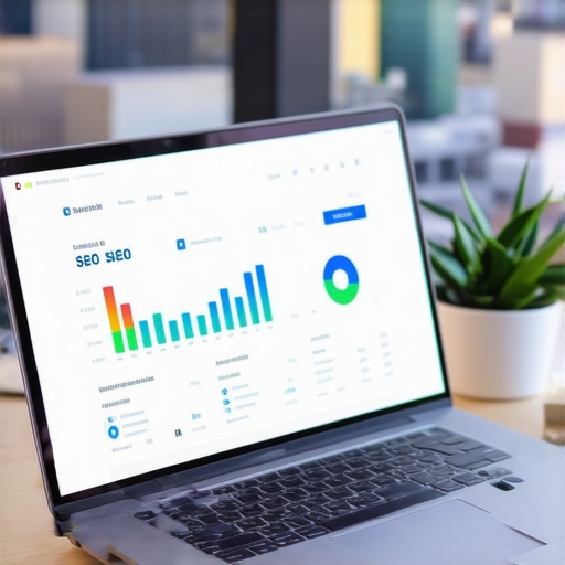 A person analyzing local SEO metrics on a laptop with Irving cityscape in the background.