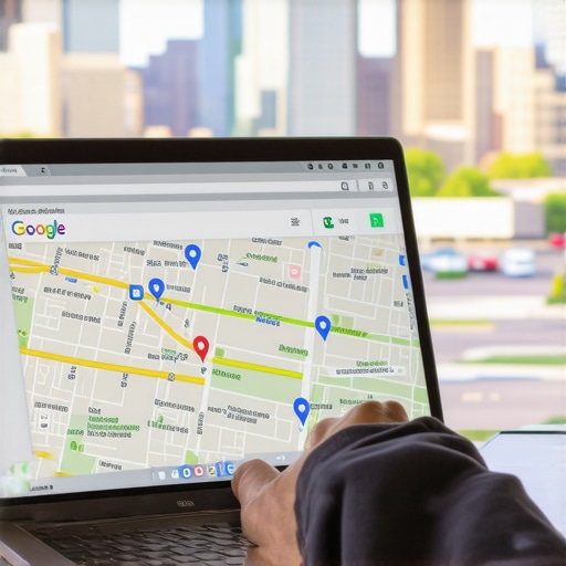 Person editing a Google My Business profile on a laptop with Irving city in background.