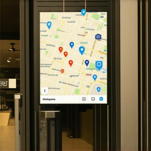 Illustration of a Irving shop with local SEO icons and Google Maps elements.