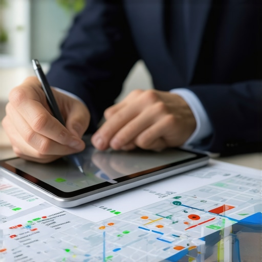 Business person reviewing local SEO analytics on a tablet, with digital map overlays.