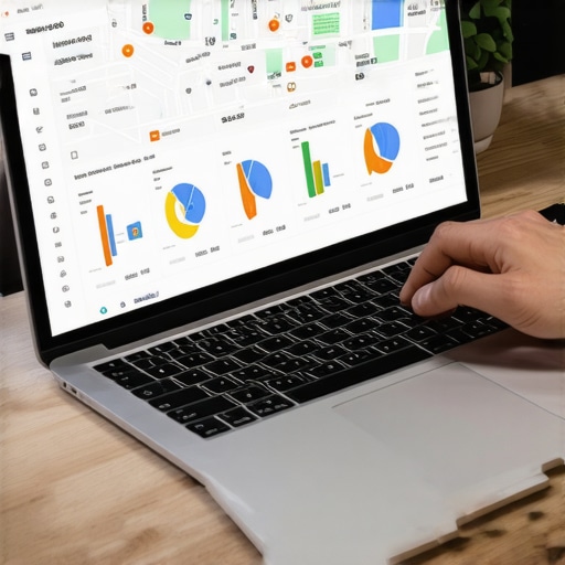 Person reviewing local SEO analytics on a laptop, focusing on maps and graphs, in an office.