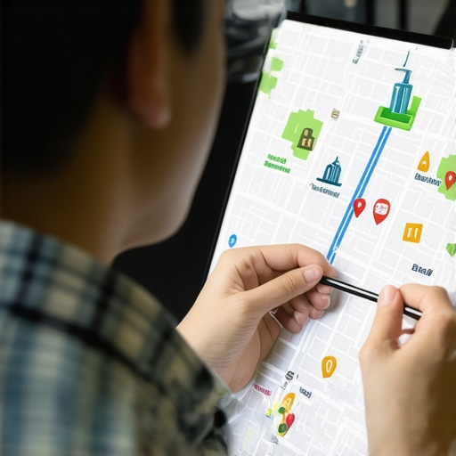 Business owner studying detailed digital map with Irving and Dallas landmarks highlighting local SEO efforts.