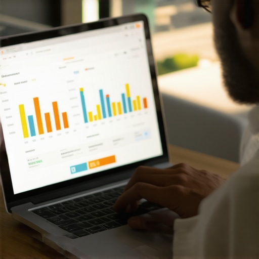 Analyst analyzing local SEO data on a laptop with Irving cityscape background.