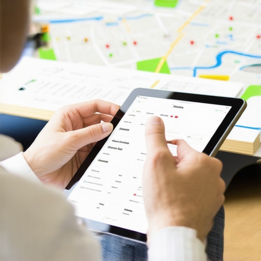 Digital marketer reviewing local SEO data on a tablet with Irving city map in the background.