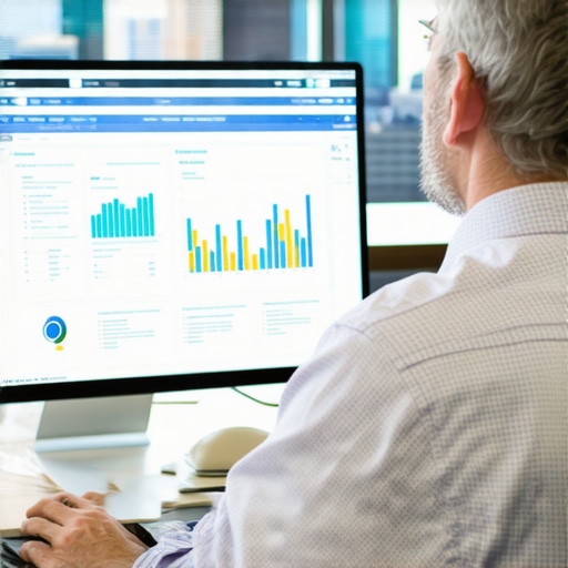 Business owner analyzing local SEO metrics with Irving cityscape