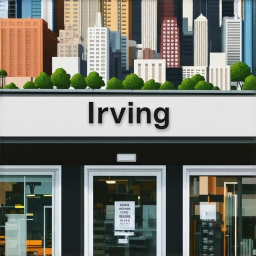 Irving storefront showcasing local signage with Irving landmarks in background.