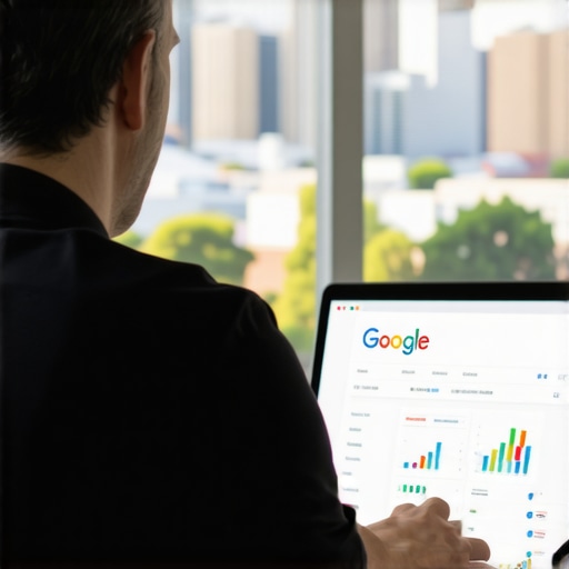 Consultant analyzing SEO dashboard with Irving landmarks