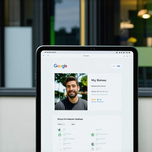 A business storefront showing a tablet with a Google My Business profile