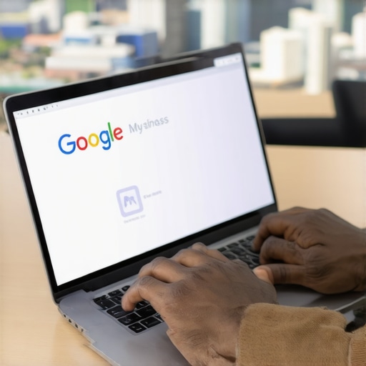 Business owner updating Google My Business profile with Irving cityscape