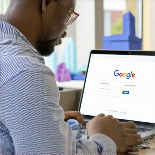 Optimizing a Google Business Profile in Irving Irving business owner editing Google My Business on a laptop with local landmarks in background.