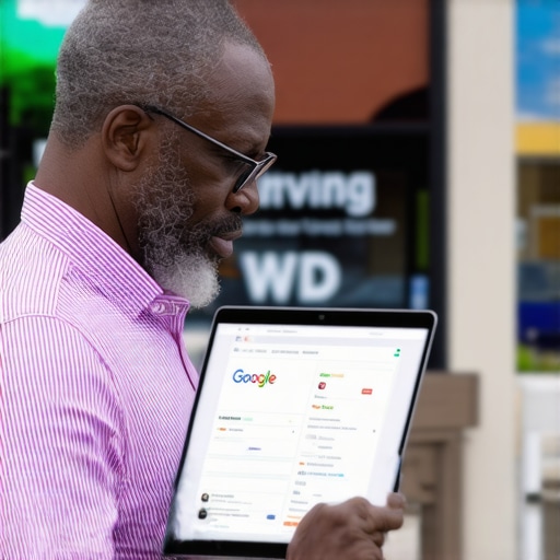 Business owner updating Google My Business profile on laptop with Irving storefront in background