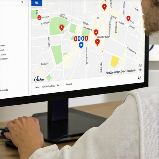 Managing Local SEO Tools in Irving Person using SEO software on a laptop with Irving city map in background.
